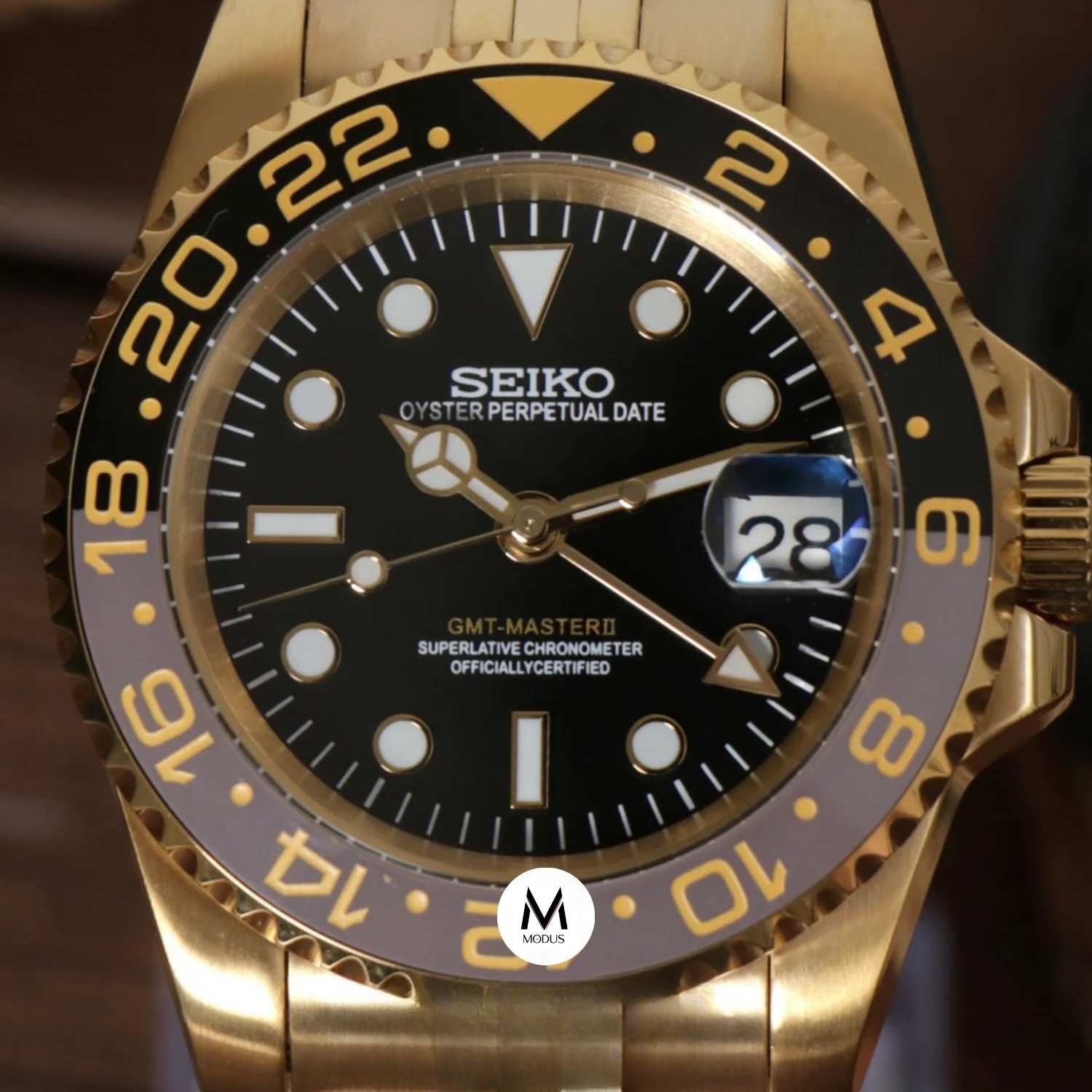 Seiko Mod GMT Bruce Wayne Black Gold 40mm - Custom Automatic Watch | NH34