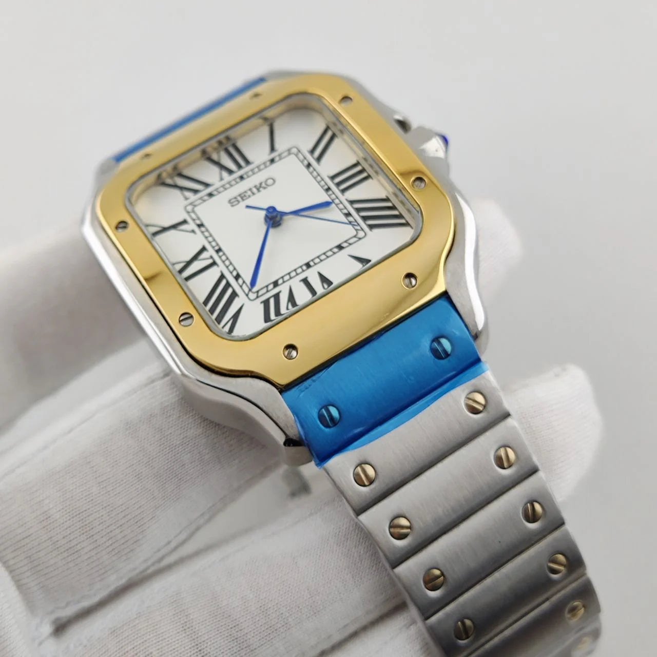 Seiko Mod Santos Blanc Or Argent 38mm - Montre Automatique Personnalisée | NH35