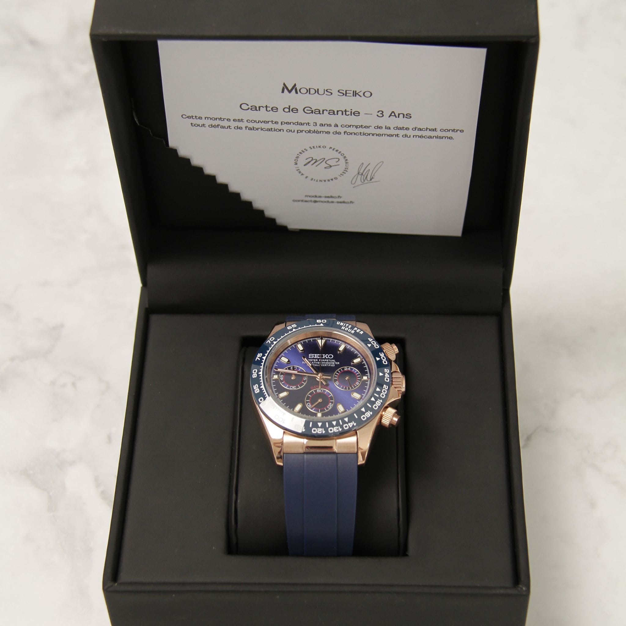 Montre Seiko mod daytona or rose bleu dans son écrin Modus Seiko