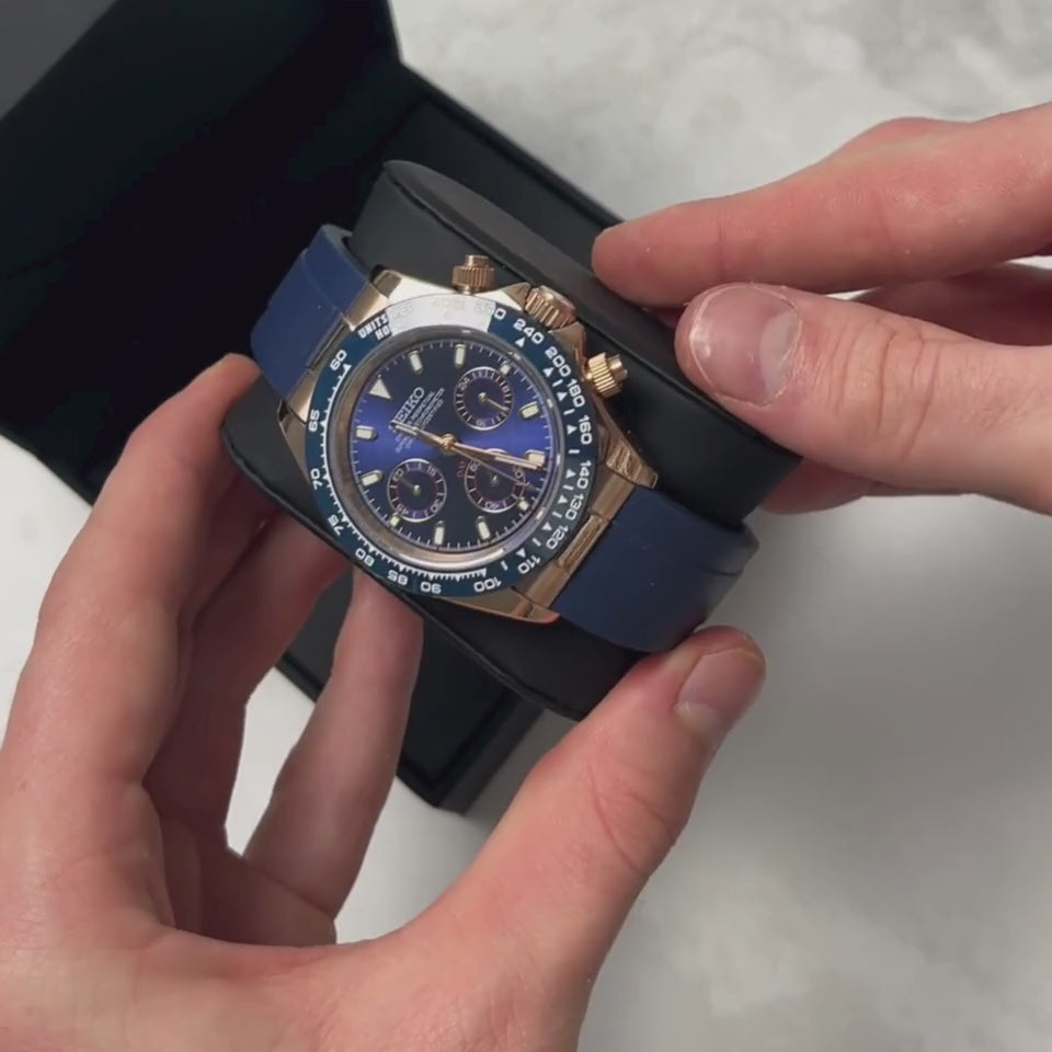 Montre Seiko Mod Daytona or rose avec cadran bleu – mouvement chronographe hybride VK63
