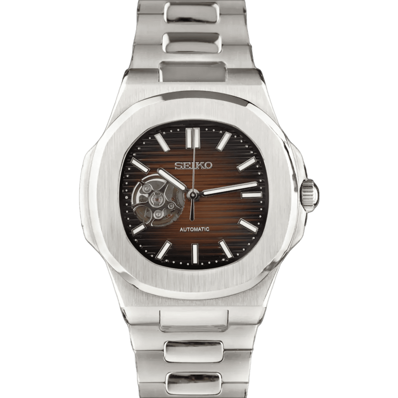 Montre Seiko Mod Nautilus Marron Squelette Coeur Ouvert 40mm avec boîtier en acier inoxydable, design squelette cœur ouvert, mouvement automatique NH35 et verre saphir