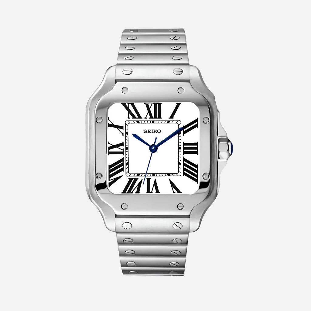 Montre Seiko Mod Santos Blanc 38mm avec boîtier carré, mouvement automatique NH35 et verre saphir