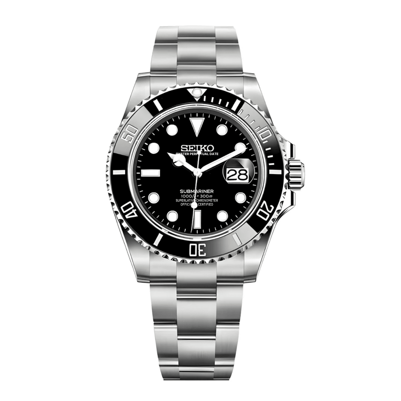 Montre Seiko Mod Submariner Noire 40mm avec boîtier en acier inoxydable 316L, mouvement automatique NH35, verre saphir et lunette en céramique noire