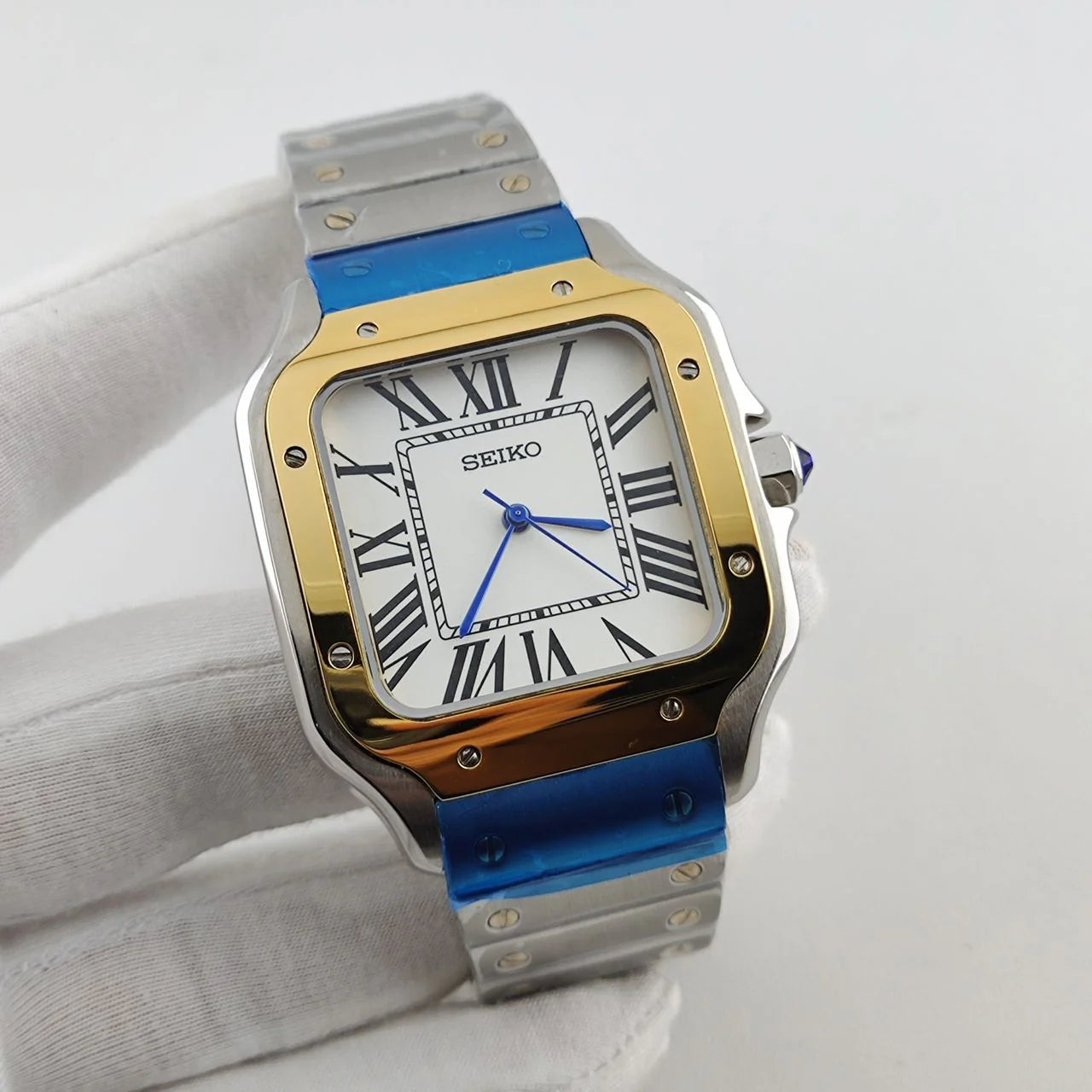 Seiko Mod Santos Blanc Or Argent 38mm - Montre Automatique Personnalisée | NH35