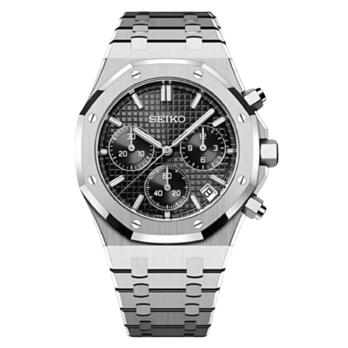 Montre Seiko Mod Royal Oak Chronos noir avec cadran noir – mouvement chronographe hybride VK63
