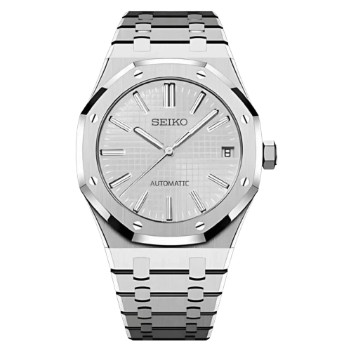 Montre Seiko Mod Royal Oak blanche avec cadran blanc – mouvement automatique visible NH35.