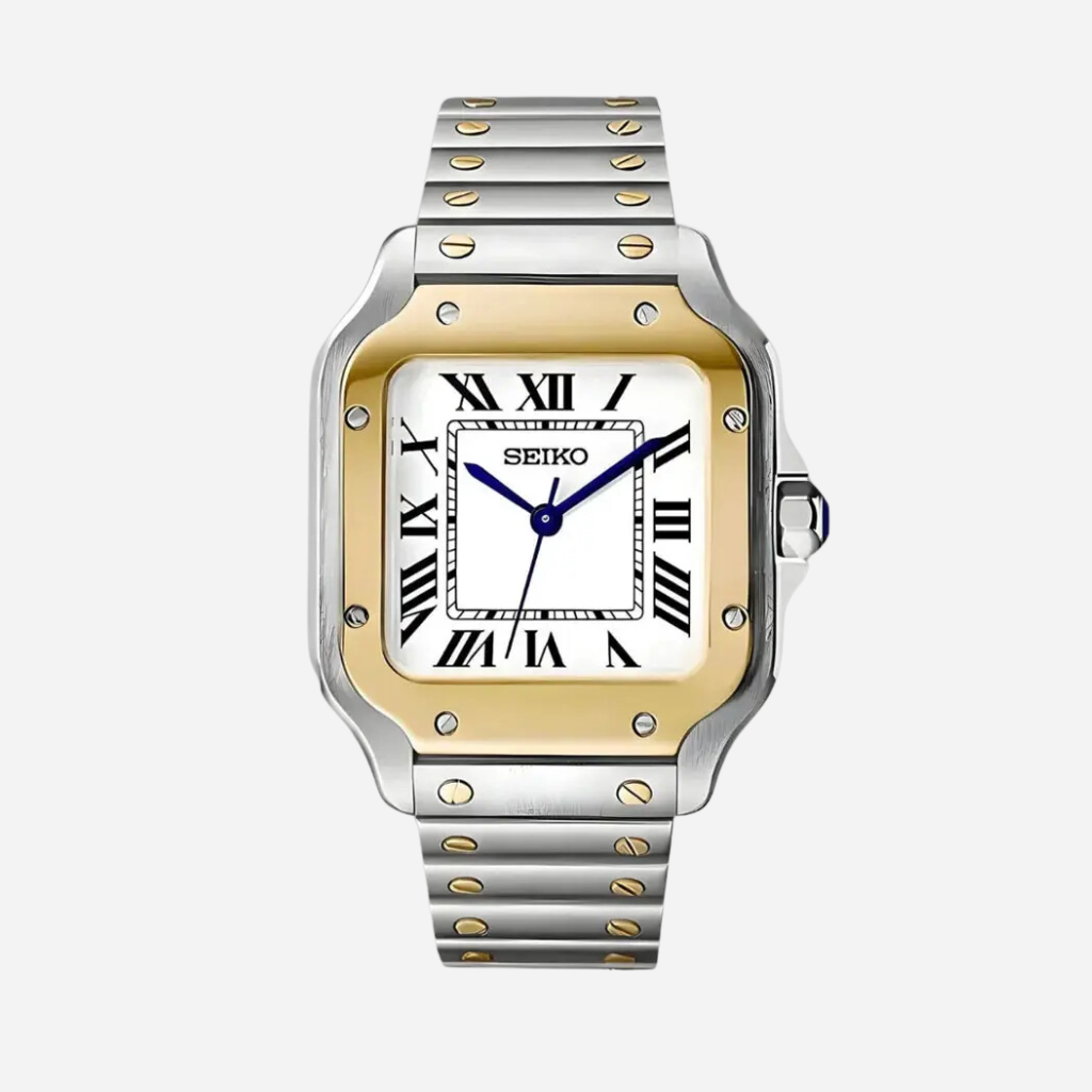 Montre Seiko Mod Santos Blanc Or-Argent 38mm avec boîtier carré, mouvement automatique NH35 et verre saphir